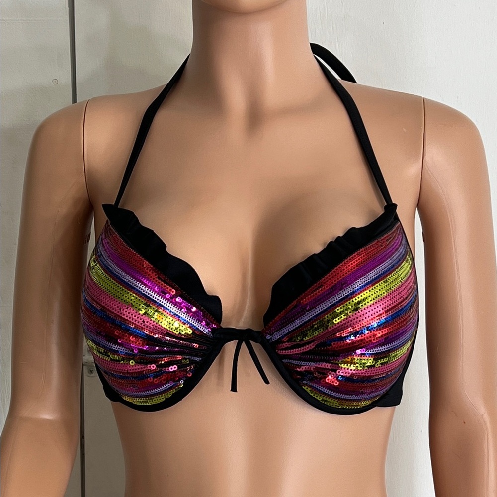 Victoria's Secret 34D/DD Multicolor Sequin Halter Bikini Top Bra Bathing Suit - Picture 3 of 5